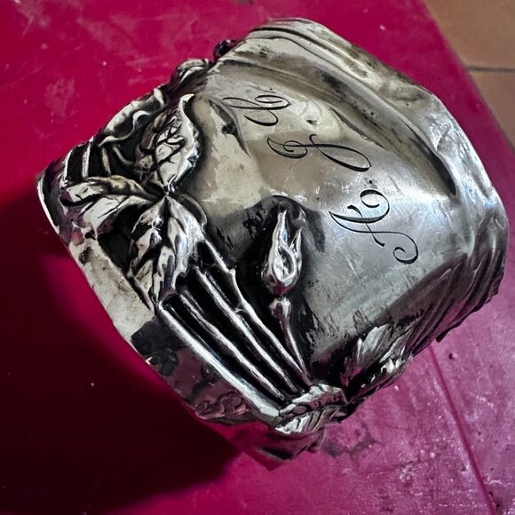 Art Nouveau Cuff Bracelet Floral Solid Sterling Silver 925 Antique Large - Picture 13 of 14